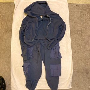 Dusty Blue Cotton Track Suit - Crop Top L - Cargo Sweats M - Worn
